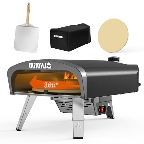 Mimiuo Gas Pizzaofen mit Drehfunktion für den Garten | Tragbarer Pizza Ofen Outdoor mit 33cm Runden Pizzastein und Pizzaschaufel, Schwarz (Globales Patent)