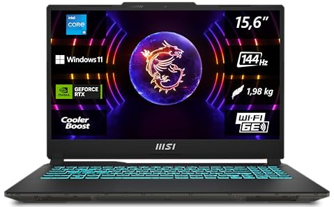 MSI Cyborg 15 Gaming Laptop, 15,6" Full HD 144Hz, Intel Core i5-13420H, NVIDIA GeForce RTX 4050, 16GB DDR5, 512GB SSD, Windows 11 Home, QWERTZ Tastatur, A13VE-863, Schwarz/transparent