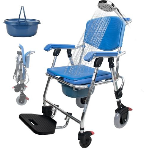 Aocay Duschstuhl für Senioren mit Rollen Klappbar, Aluminiumlegierung | 3-In-1 Blau Toilettenstuhl für Senioren mit Rollen, 150kg Dusch Toilettenstuhl Fahrbar, Faltbarer Duschrollstuhl mit Urinal