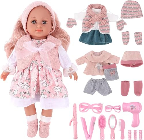deAO Babypuppen-Spielset mit 36cm Puppe, 3 Outfits und Puppenzubehör | Kleid Spiel Set mit Puppenzubehör zum Kämmen und Frisieren, Puppen mit Langen Rosa Haaren, Rollenspiel Spielzeug für Kinder