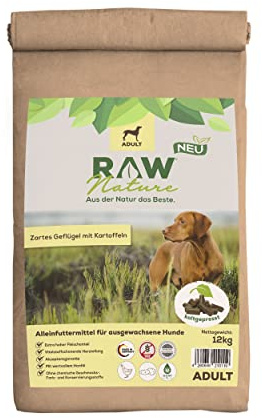 RAW Nature Trockenfutter Adult mit Huhn 12kg, kaltgepresstes Hundefutter, Getreidefrei, 100% Muskelfleisch, hoher Fleischanteil, ohne künstliche Zusätze, für alle Rassen geeignet
