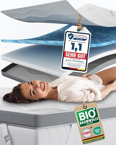 nøvera® Premium Gel Topper 90x200cm | H3/H4 | Oberstoff aus 100% Bio-Baumwolle | wolkenweicher 7-Zonen Matratzentopper 90x200cm | Hohes RG 50 | 8cm Matratzen Topper 90x200 | Luxus Matratzenauflage
