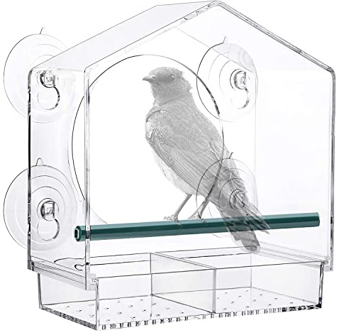 Zeqeey Vogelfutterstation Transparent Fenster Vogelhäuschen für Wildvögel, Finken, Kardinal, Bluebirds, Bird Feeder Vogelfutterhaus Acryl mit Saugnäpfe, 21cmX20cmX10cm