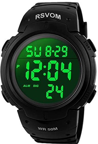 RSVOM Herren Digital Quarz Uhren mit Schwarz Silikon Armband 50M Wasserdicht Big Face Sport Armbanduhr mit Wecker Stoppuhr mit LED-Hintergrundbeleuchtung Digitaluhren für Männer