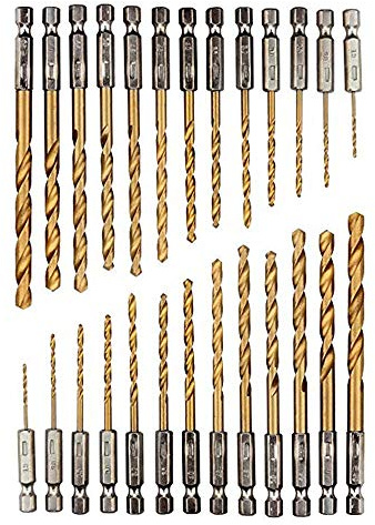 26 teiliges Titan Bohrerset, Sechskantschaft Schnellbohrkronen, 1,5-6,5 mm Schnellarbeitsstahl, Titan-beschichteter HSS Bohrersatz, Schnellwechsel, 1/4 Sechskantschaft
