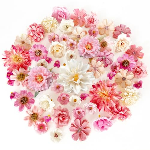 ROLLWAY 60 Stück Kunstblumen zum Basteln Rosa Weiß, 18 Typen Klein Künstliche Blumen zum Basteln Blumenköpfe 2~8cm, Mini Kunstblumen Deko Blütenköpfe Fake Blumendeko für DIY Hochzeit Tortendeko