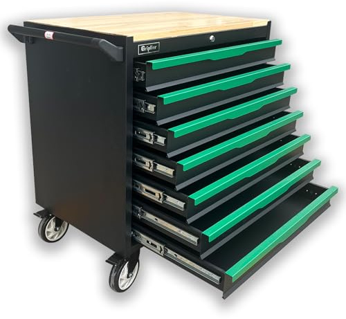 Griplier Werkstattwagen, 7 Schubladen,Bremsrad,Schwarz-Grün, Schwerlast Rollbar mit Holzarbeitsplatte,79.5 x 48 x 82cm,Belastung 300kg(7 Schubladen)