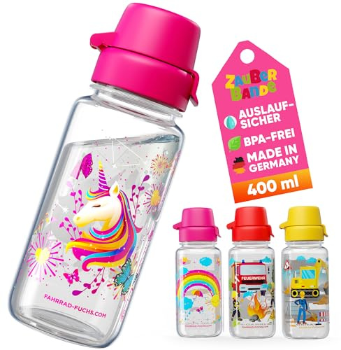 Zauberbande Trinkflasche Kinder auslaufsicher – Einhorn – 400 ml – Kinder Trinkflasche Kohlensäure geeignet, BPA frei aus Tritan, spülmaschinenfest, Easy-Clean – für Kindergarten und Schule
