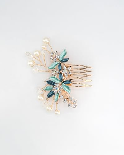Bridal Hair Comb with Pearls and Crystals – Handmade Gold Tone Wedding Hair Accessory with Floral Design for Elegant Updos – Gift Box Option (turquoise, standard)