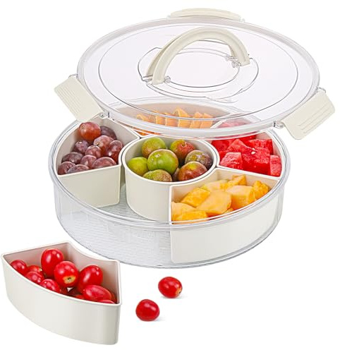 Hejo Runder Snackbox mit Fächern, Snackbox mit Fächern, Snackteller, Snackschale mit Deckel und Griff, Tragbare Snackdose, Multifunktionaler Snack Container für Party, Familien (30 x 30 x 7,5 cm)