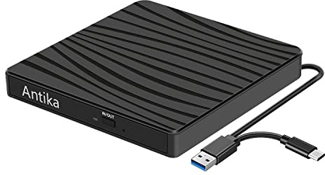 Antika Externes DVD Laufwerk USB 3.0 Type-C Tragbar CD DVD Brenner Optical Drive DVD Laufwerk DVD/CD +/-RW Externes CD Laufwerk für Laptop Desktop mit Win11/Win10/Win8/Apple MacPro/MacBook/OS