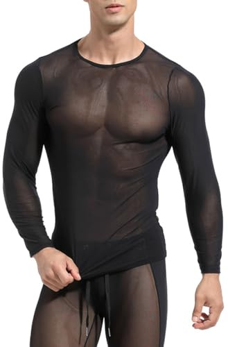 Herren Durchschauen Lange Ärmel Transparentes Netz Fitnessstudio Ausbildung Workout-T-Shirt Sexy Transparent Oberteile Clubwear Schwarz L