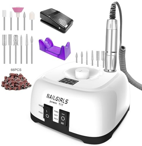 NAILGIRLS Elektrische Nagelfräser, 11 in 1 Nagelfräser für Gelnägel, 35000 U/min, Leise, mit LCD-Display und Fußpedal, Maniküre Set Elektrisch, Maniküre Pediküre Set für Anfänger & Profis(Weiß)