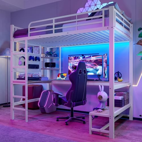 NovaFurnish Hochbett, 90x200cm, Eisenrahmen, Schreibtisch, Geländer, Trittleiter, mehrere Ablagen, mit USB+Type-c Steckdose, mit LED Leiste, mit Lochbrett, ohne Matratze, Weiß