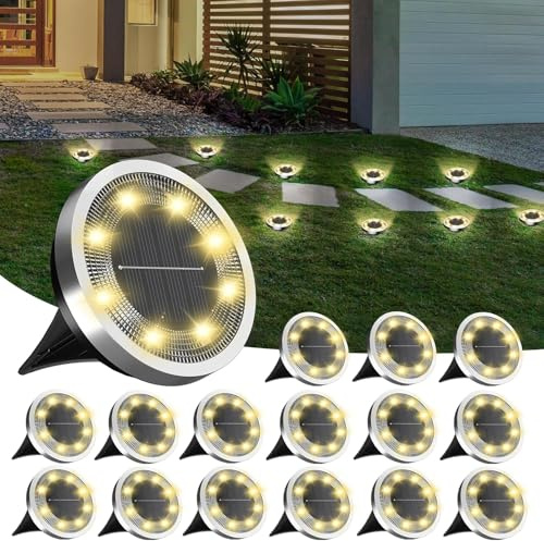 FLOWood Solar Bodenleuchten Aussen, IP65 Wasserdicht,Warmweiß,16 Stück | Solarlampen für Außen mit 8 LEDs, 8–10h Laufzeit,Edelstahl/ABS/PP, für Garten, Rasen, Auffahrt, Gehweg & Terrasse