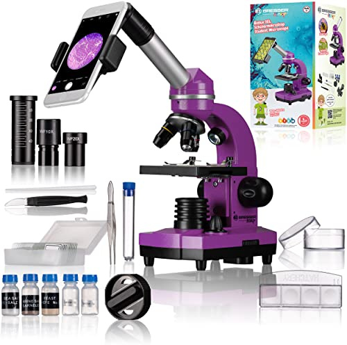 Bresser Junior Schülermikroskop BIOLUX SEL mit Smartphonehalter, reichhaltigem Zubehör und Barlow-Zoom-System für Kinder, Einsteiger und Erwachsene, violett