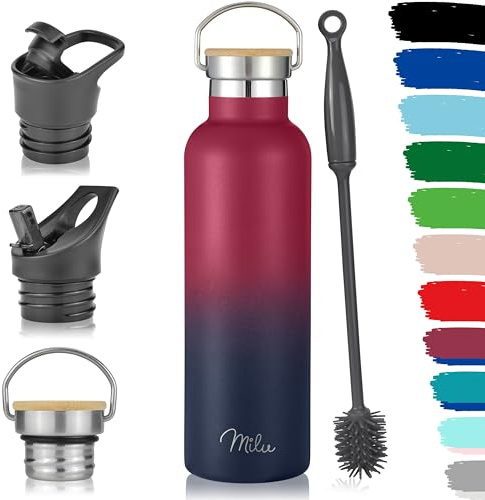 Milu Edelstahl Trinkflasche 500ml, 750ml, 1L (+3 Deckel) - Thermosflasche mit Strohhalm, Isolierte Wasserflasche, Auslaufsichere Isolierflasche doppelwandig, Kohlensäure geeignet (Berry Blau, 750ml)