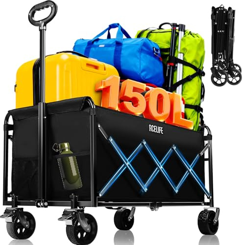 Bollerwagen Faltbar, Handwagen faltbar 150L Tragkraft 150KG mit verstellbarem Griff, Offroad-Rädern für Camping Garten Outdoor 94x43x42cm