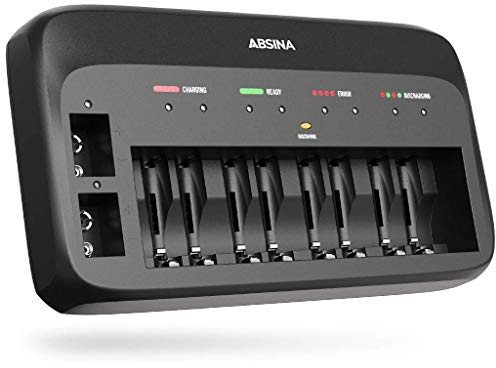 ABSINA Akku Ladegerät X10 für AA, AAA & 9V - Akkuladegerät 10-Fach zum Laden von wiederaufladbaren Akkus - NiMH Ladegerät Akku für AAA, AA & 9V