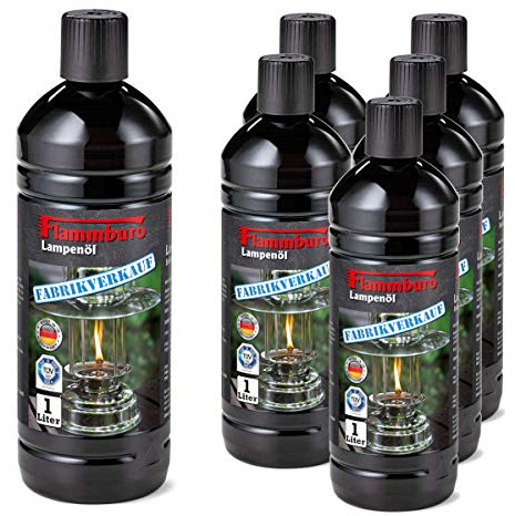 FLAMMBURO (6 Liter Lampenöl 1000 ml Flaschen für Öllampen vom Deutschen Hersteller, Petroleumlampen, Fackeln, Gartenfackeln, Ölkerzen, Lampenöl für Fackeln Made in Germany - 6 x 1 Liter = 6 Liter