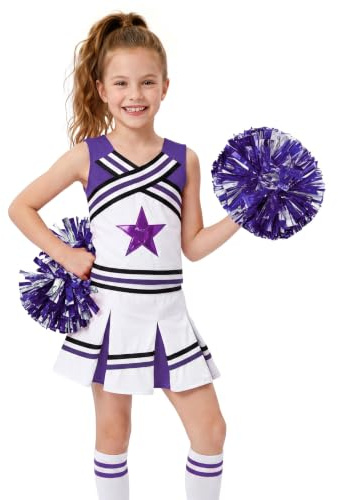 LOLANTA Mädchen Karneval Kostüm, Cheerleader kleid mit Pompoms und Socken, Mittelschule Cheerleading Uniform, 4-13 Jahre