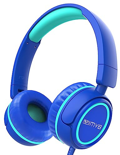 IMYB Kinder kopfhörer, Kopfhörer für Kinder mit Kabel, faltbar, Stereo Sound, Sichere Lautstärkebegrenzung, 3,5 mm Jack, On Ear Kinderkopfhörer für Schule, Junge, Mädchen, Tablet, PC, Blau