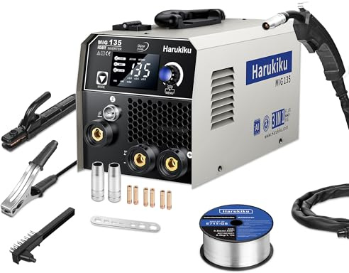 Harukiku135A Fülldraht Schweißgerät Ohne Gas,3-in-1 Elektroden Schweißgerät (Flux MIG/ARC,MMA/Lift WIG),mit Synergischem Drahtvorschub kompakter IGBT Inverter Schweissgerät, für Profis & Home DIY