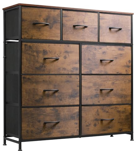 WLIVE Kommode mit Schubladen, komode Schlafzimmer mit 9 Stoffschubladen | Kommoden & Sideboards mit Stabiler Stahlrahmen, Hohe Kommode Wohnzimmer, Einfach zu Montieren, Vintagebraun-Schwarz