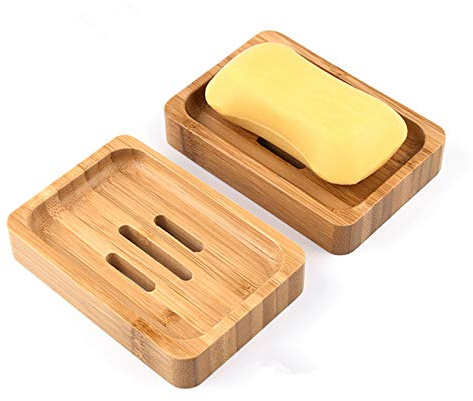 Gurkkst 2 Stück Natürliche hölzerne Bambus Seifenschale Holz Dusche Handgefertigte Seifenkiste Seifen Box Für Seife Scrubber Schwämme Waschbeckenablage