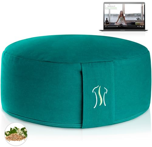 BACKLAXX® Meditationskissen rund 35 cm XL – Yoga Kissen mit Buchweizenfüllung für Meditation & Entspannung – Sitzkissen aus Baumwolle für Zuhause & Studio – Yogakissen rund (Smaragdgrün)
