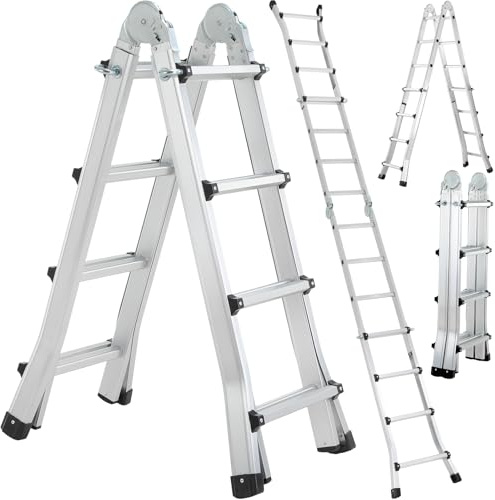 TLGREEN Alu Teleskopleiter 4x3 Stufen, 3.98M Ausziehbare Leiter, Aluminium Multifunktionsleiter, Schiebeleiter, Mehrzweckleiter, Gelenkleiter, Klappleiter, Treppenleiter, Anlegeleiter bis 150 kg