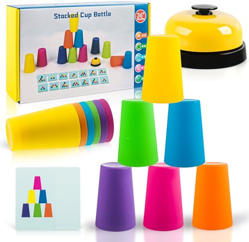 Sport Stapelbecher Spiel Set, Quick Stacks Cups Kinder und Erwachsene, Mit 12 Speed Cups, 50 Karten und 1 Klingel anrufen, Wurfspiel Kinder, Becher Stapeln Training Stapelbecher Speed Party Spielzeug