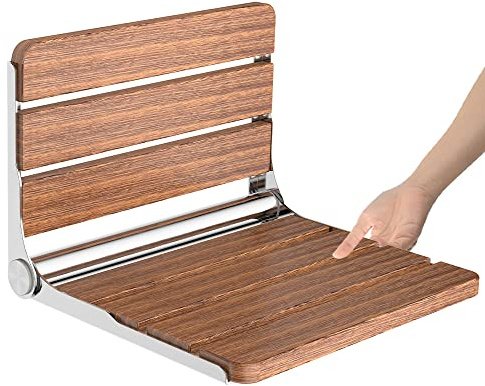 Heuffe Klappbarer Duschsitz Wandmontage - 200kg Schwerlast mit Rückenlehne für Senioren/Behinderte, Sapele Holz Badhocker