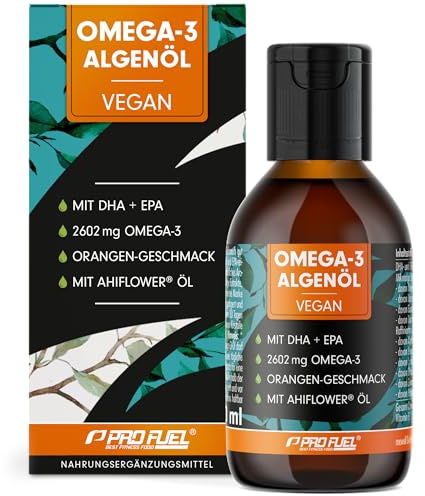 Omega-3 Algenöl 100 ml - hochdosiert mit 3665 mg Algenöl, davon 1203 mg DHA & 667 mg EPA - veganes Omega-3 Öl + Ahiflower® Öl mit angenehmem Orangen-Geschmack - laborgeprüft mit Zertifikat