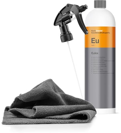 Klebstoffentferner Set | Koch Chemie Eulex 1l Klebereste Entferner + Sprühkopf + Mikrofasertuch | Entfernt Kleberückstände wie Aufkleber Etiketten von Glas Lack Metall etc. | Etikettenlöser