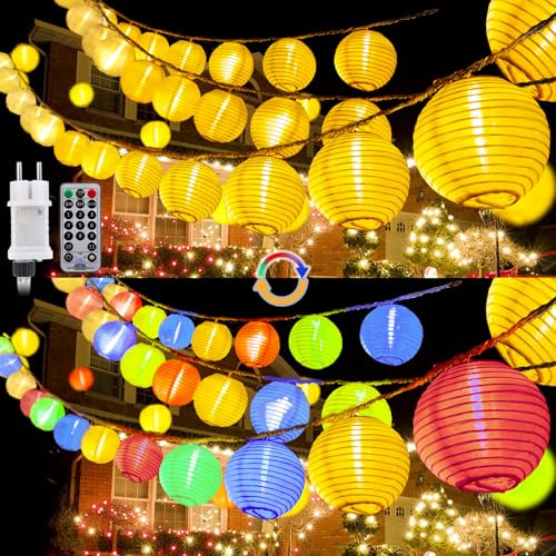 StarryEver 12M LED Lampions Lichterkette Außen Strom, Warmweiß und Bunt 11 Modi Lampion Lichterkette mit Fernbedienung, 40 LED Chinesische Laternen Beleuchtung Lichterketten Draußen für Patio Garten