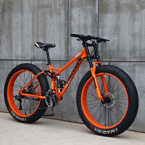 Wind Greeting 26 Zoll Mountainbike,21 Gang-Schaltung Erwachsene Fette Reifen Fahrrad,Rahmen aus Kohlenstoffstahl,Vollfederung Scheibenbremsen Hardtail Bike (Orange)