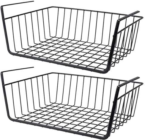 JASLIZ Unterregal Aufbewahrungskorb, 2 Stück Hängekorb Metall Hängekorb Regal Unter Schrank Metall Korb-Organizer Regaleinhängekorb für Küche, Büro, Speisekammer, Bad, Schrank (Schwarz)