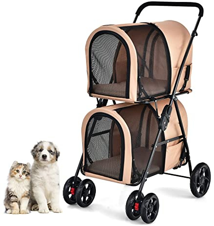 COSTWAY 2 Etagen Hundewagen Haustiere Buggy bis 16kg, Hundebuggy mit Netzfenstern & Getränkehalter & Anhänger, Katzenbuggy für 2 kleine Hunde Katzen (Beige)