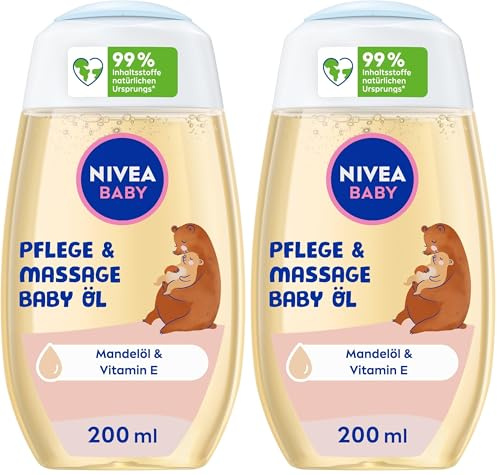 NIVEA BABY Pflege und Massage Öl, pflegendes Babyöl für die zarte Babyhaut mit Mandelöl und Vitamin E, Hautpflege schützt und stärkt empfindliche Haut (200 ml) (Packung mit 2)