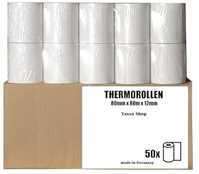 Thermorollen 80mm x 80m x 12mm - 50 Stück, Kassenrollen aus Thermopapier, Bonrollen Thermo 80mm, hochwertige Thermopapierrollen für Registrierkasse, BPA frei