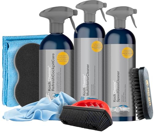 detailmate Fahrzeug Innenreinigung Set: Koch Chemie Refresh Cockpit Care 0,5L + Multi Interior Cleaner 0,75L + Speed Glass Cleaner 0,75L - Applikationsschwamm - Gummibürste - Mikrofasertuch