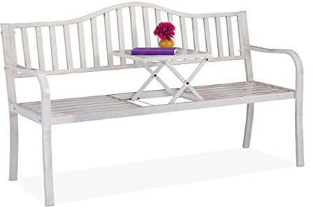 Relaxdays Gartenbank mit klappbarem Tisch, 3-Sitzer, Garten, Metall Balkonbank, HBT 89 x 150 x 58,5 cm, weiß-Bronze