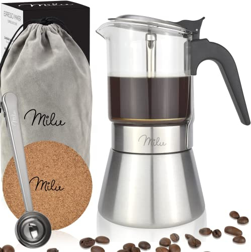 Milu Espressokocher Induktion geeignet | 4, 6 Tassen | Edelstahl Glas Mokkakanne, Espressokanne, Espresso Maker Set inkl. Untersetzer, Löffel, Bürste (4 Tassen 200ml)