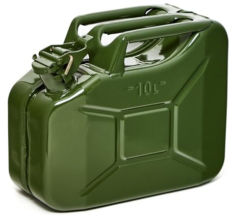 BW® Benzinkanister Metall 10 Liter - Kraftstoffkanister Olivgrün - RAL 6003 - TÜV-geprüft und UN-Zulassung - 0,9mm Stahl nach DIN 7274 für Benzin Diesel E10 2-Takt - Made in Europe