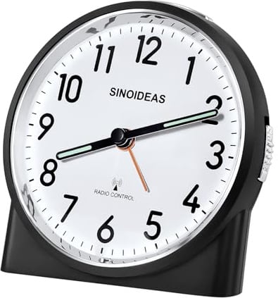 SINOIDEAS Funkwecker,Funkwecker Analog ohne Ticken, mit Nachtlicht Schlummerfunktion, 1 x 1,5 V AA-Batterie (Nicht im Lieferumfang enthalten)(Schwarz)