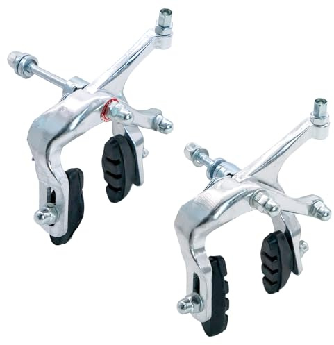 Uryxery 2er Set Caliper-Felgenbremsen Long Reach 47 bis 57 mm aus Aluminium, vorne und hinten, silber, je ca. 210 g, Center-Bolt Befestigungsschraube 80 mm, mit Harz-Bremsbelägen
