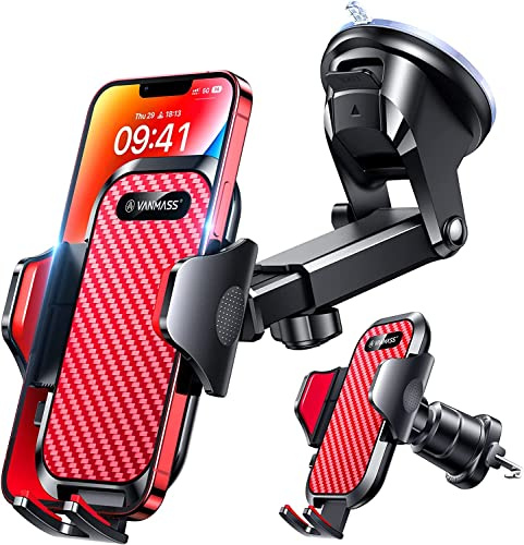 VANMASS【Militär-Klasse Handyhalterung Auto Upgrade【Stärkste Saugnapf & Lüftungshaken】 4 in 1 Handy Halterung Auto 360° Drehbar Handyhalter Auto Armaturenbrett Scheibe für iPhone Samsung usw,Rot