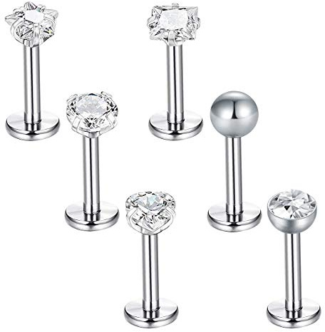 Briana Williams 6stk Lippenpiercing Labret Stecker Set 16G Chirurgenstahl 6/8/10mm Stab mit Zirkonia Piercing Tragus Helix Ohr Lippe Silber