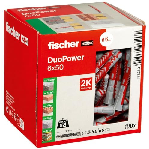 fischer DuoPower 6 x 50, Universaldübel, leistungsstarker 2-Komponenten-Dübel, Kunststoffdübel zur Befestigung in Beton, Ziegeln, Stein, Gipskarton uvm., ohne Schrauben, 100 Stück